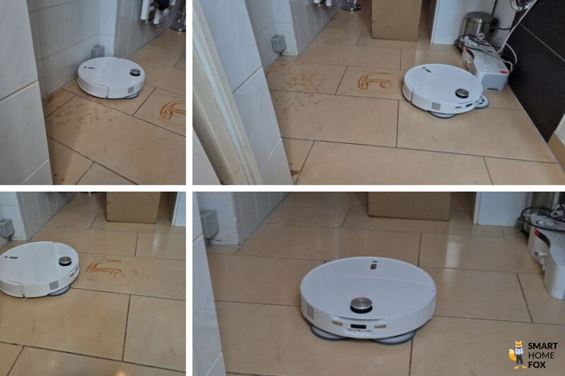 Der Roborock Qrevo Curv 2 Pro im Wisch-Extremtest mit Ketchup, Kaffee und Mayonnaise eingetrocknet auf Fliesenboden mit guten Ergebnissen nach 2 Durchgängen.
